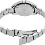 Elegant stainless steel watch with polished finish, interlocking band, and minimalist design.