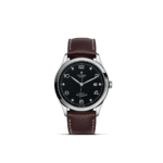 Tudor luxury watch with stainless steel case, black dial, and brown leather strap.