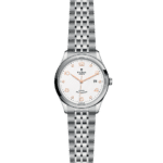 Elegant Tudor watch with stainless steel case, rose gold accents, and minimalist white dial.