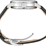 Sleek stainless steel wristwatch with black leather strap and elegant deployment clasp style.