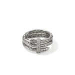 Elegant interlocking silver ring with sparkling diamonds, showcasing contemporary design and exquisite craftsmanship.