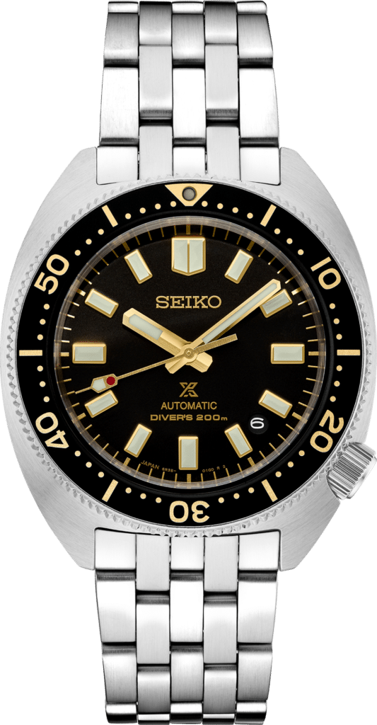 Seiko automatic divers watch with stainless steel case, luminous dial, and 200m water resistance.
