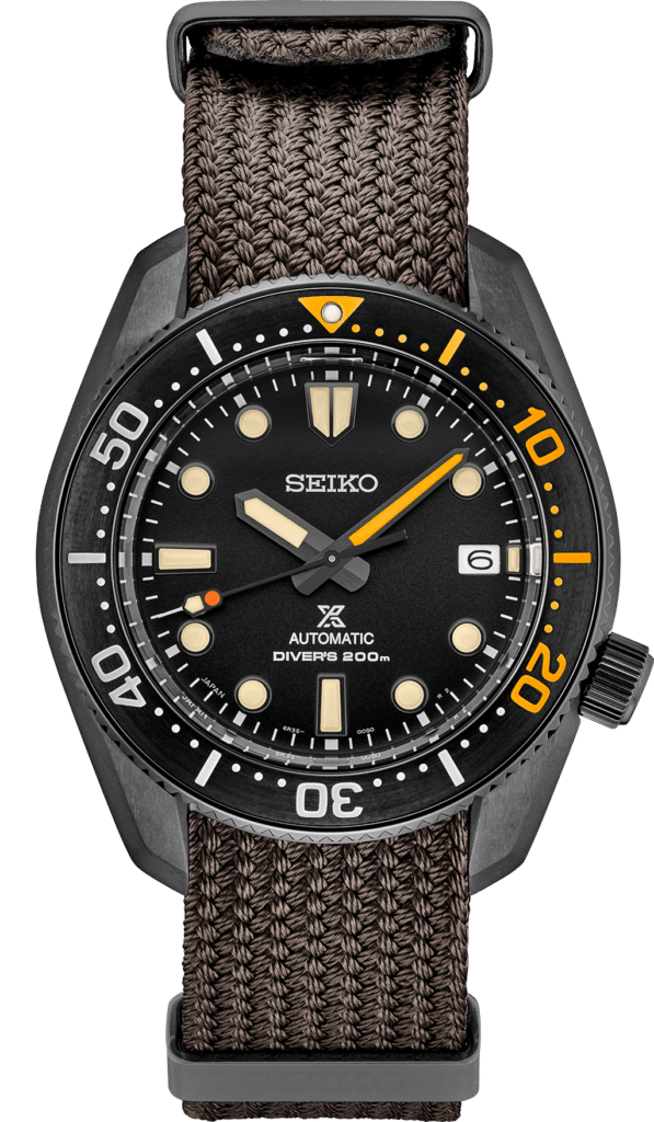 Seiko diving watch featuring a black dial, luminous markers, and durable brown strap for scuba enthusiasts.