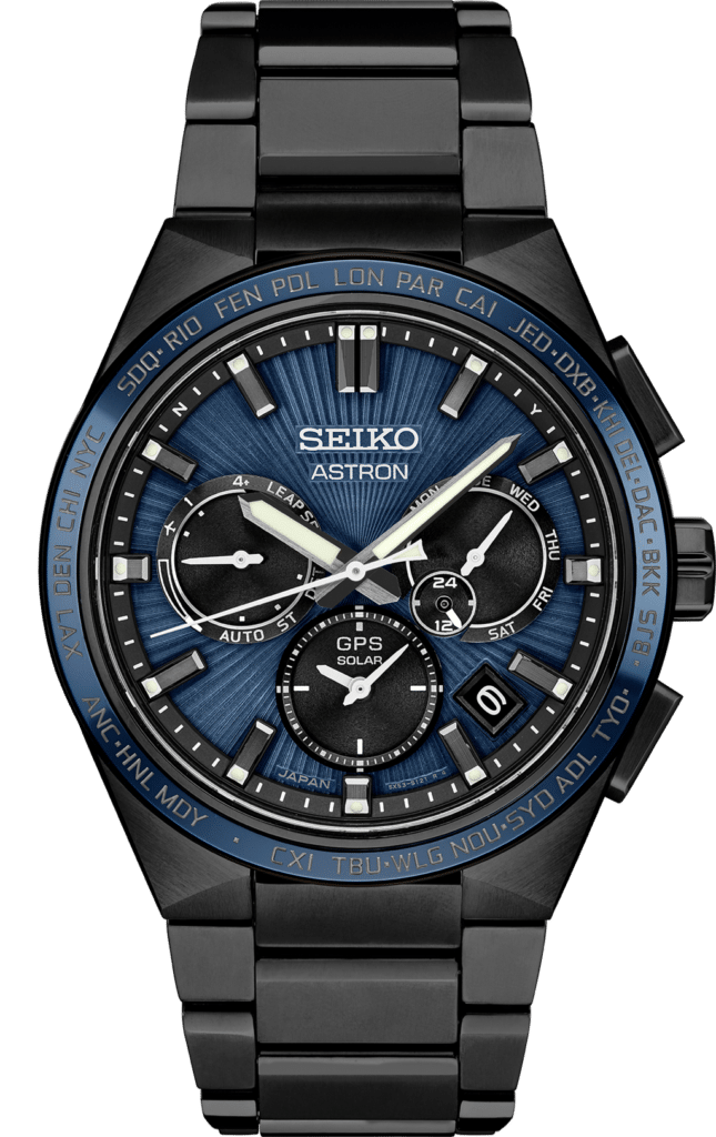 Seiko Astron watch with blue sunburst dial, GPS, and solar-powered functionality for travelers.