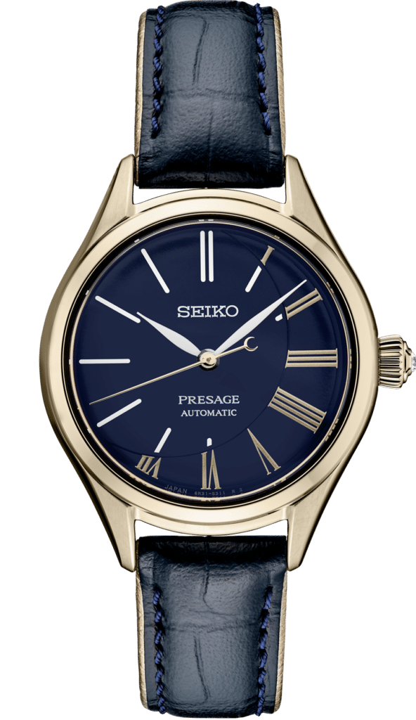 Elegant Seiko Presage watch with blue dial, gold accents, and leather strap, showcasing fine craftsmanship.