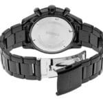 Sleek black stainless steel Seiko wristwatch with chronograph features and durable sapphire crystal.