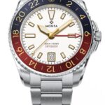 Stylish watch with white dial, gold accents, bi-color bezel, and robust stainless-steel bracelet.
