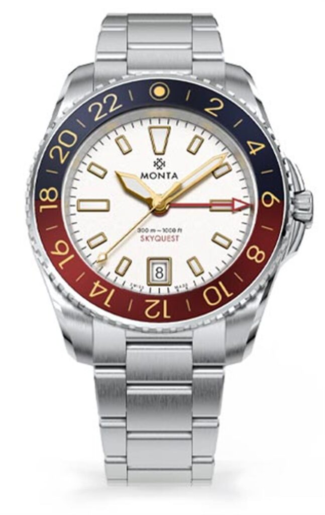 Stylish watch with white dial, gold accents, bi-color bezel, and robust stainless-steel bracelet.