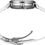 Sophisticated wristwatch with polished metal case and white strap, combining elegance and functionality.