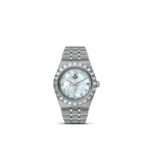 Elegant Tudor wristwatch with mother-of-pearl dial, diamond markers, and stainless steel bracelet.