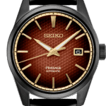 Elegant Seiko Presage watch with a black matte case and rich reddish-brown textured dial.