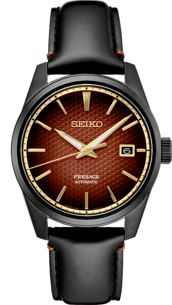 Elegant Seiko Presage watch with a black matte case and rich reddish-brown textured dial.