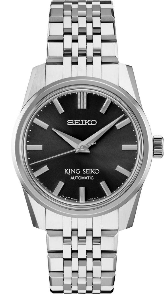 Seiko King Seiko automatic watch with polished stainless steel, black dial, and elegant design.