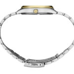 Elegant dual-tone stainless steel wristwatch with gold bezel and brushed finish for modern style.