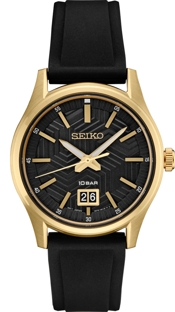Stylish Seiko wristwatch with black dial, gold accents, date display, and durable rubber band.