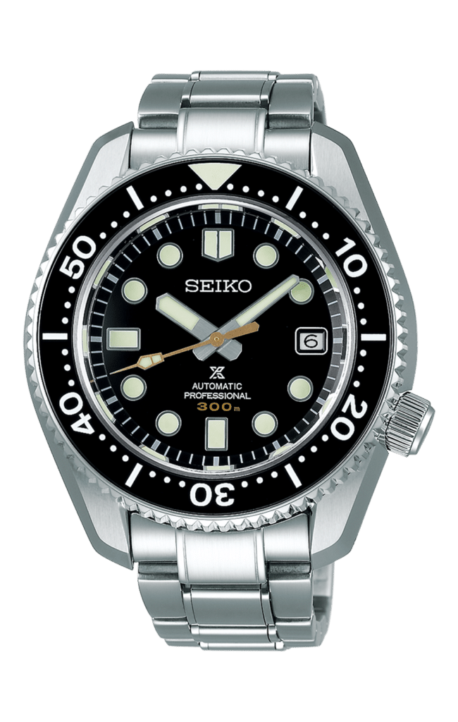 Seiko diving watch with black dial, stainless steel case, and luminescent markers for visibility.