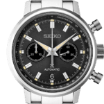 Elegant Seiko automatic chronograph watch with black dial and stainless steel bracelet.