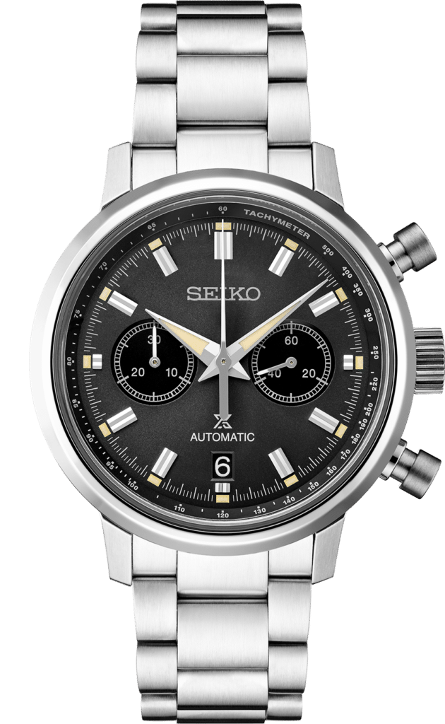 Elegant Seiko automatic chronograph watch with black dial and stainless steel bracelet.