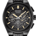 Seiko Astron GPS Solar wristwatch features a sleek black design and multifunctional dials.