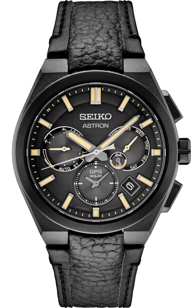Seiko Astron GPS Solar wristwatch features a sleek black design and multifunctional dials.