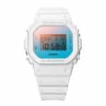 Casio G-Shock digital watch with a bold white strap and vibrant gradient display.