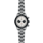 Stylish Tudor chronograph watch with stainless steel case, white dial, and sport functionality.