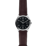 Elegant Tudor wristwatch with stainless steel case, black dial, leather strap, and luxury design.