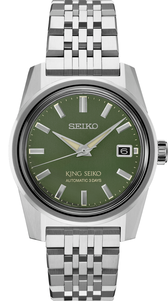 Elegant King Seiko automatic watch with deep green dial and stainless steel bracelet, showcasing luxury.