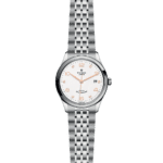 Elegant Tudor watch with stainless steel case, white dial, and rose gold accents.