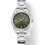 Stylish Seiko watch with vibrant green dial and polished stainless steel bracelet.