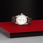 Elegant watch on red surface showcasing luxurious stainless steel, rose gold, and leather design.