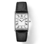 Elegant Seiko wristwatch with rectangular dial, Roman numerals, and luxury leather strap.