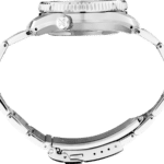 Elegant stainless steel wristwatch with detailed crown and interlocking bracelet links.