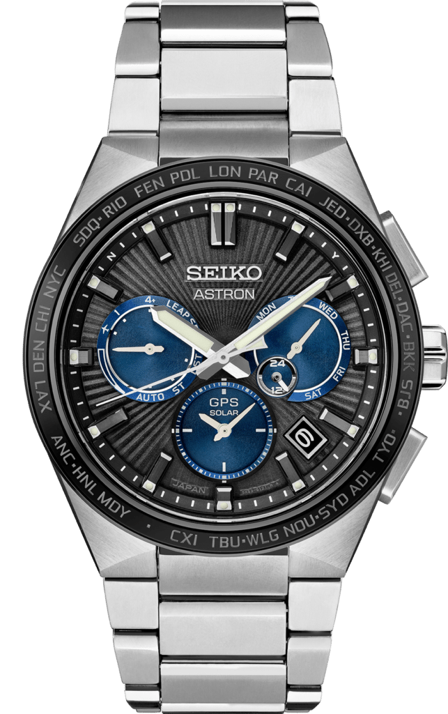 Elegant Seiko Astron GPS Solar watch with stainless steel bracelet and sophisticated design.