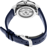 Seiko watch showcasing a transparent case back and elegant navy blue leather strap.