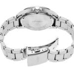 Close-up of a Seiko stainless steel watch with polished finish and durable bracelet design.