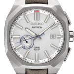 Seiko Astron watch features an octagonal stainless-steel case, elegant dial, and leather strap.