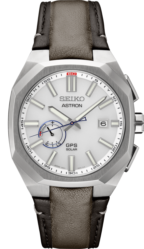 Seiko Astron watch features an octagonal stainless-steel case, elegant dial, and leather strap.