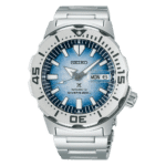 Seiko diving watch features blue gradient dial, stainless steel case, and 200m water resistance.
