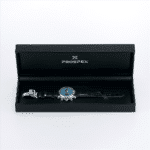 Elegant Prospex wristwatch in a matte black box with a striking blue dial and leather strap.