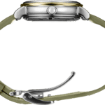 Stylish stainless steel watch with gold bezel and olive green textured strap for modern elegance.