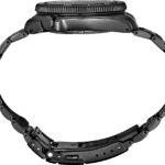 Sleek black wristwatch with modern design, rotatable bezel, and flexible link-style bracelet.