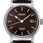 Elegant Seiko Presage automatic watch with dark brown dial and polished stainless steel case.
