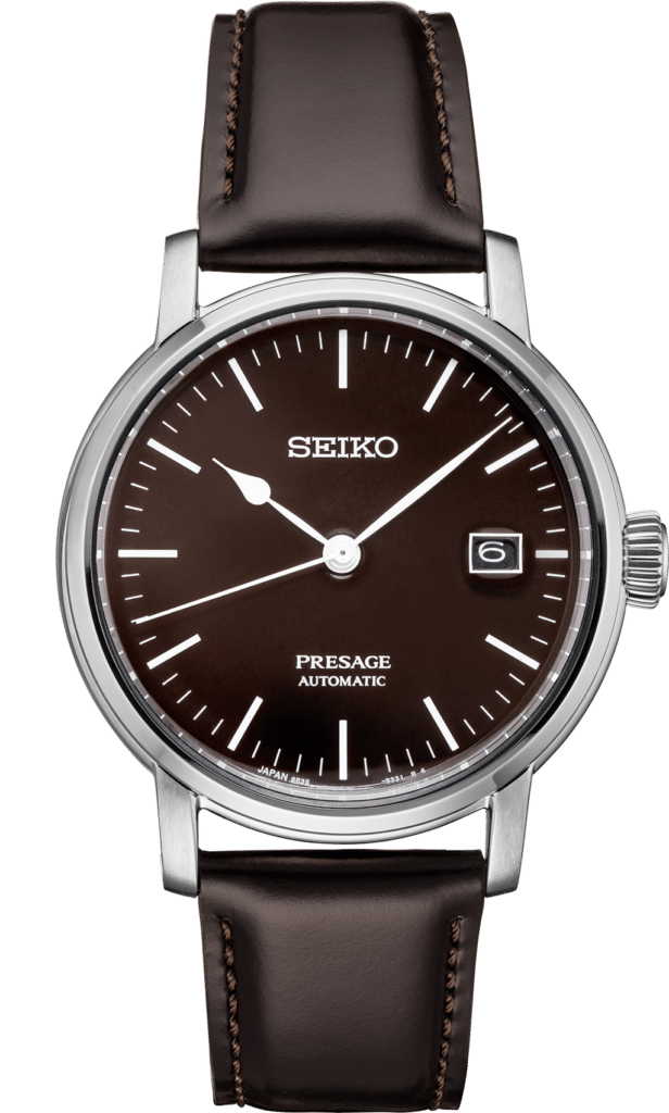 Elegant Seiko Presage automatic watch with dark brown dial and polished stainless steel case.