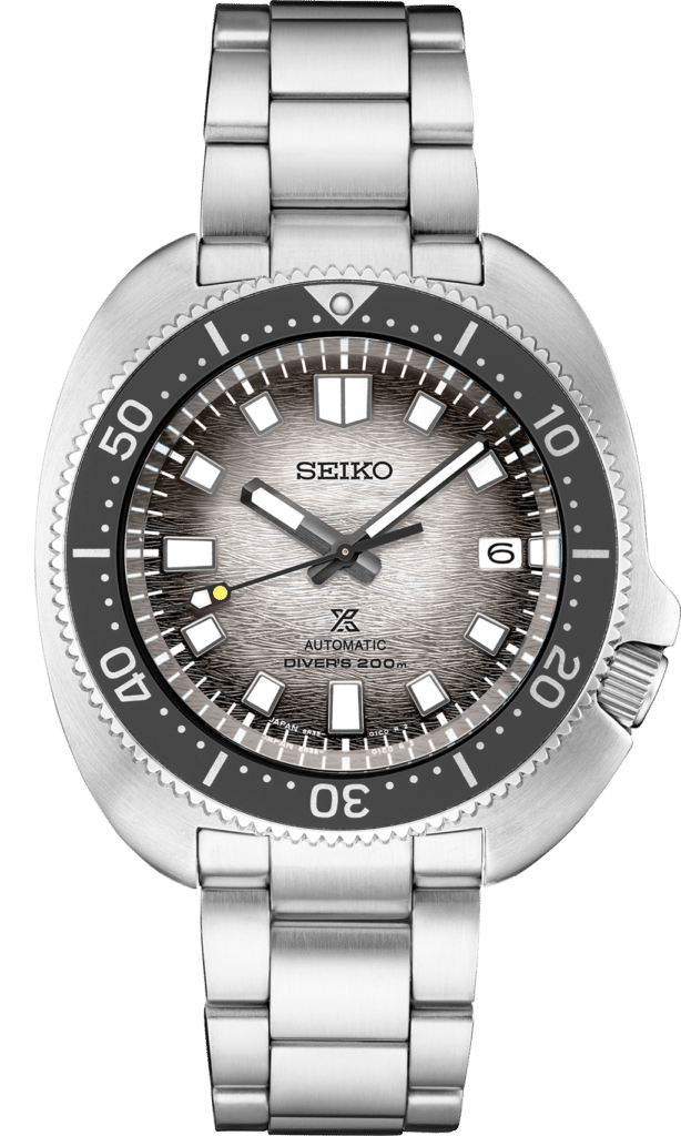 Seiko divers watch with stainless steel case, 200m water resistance, and textured gray dial.