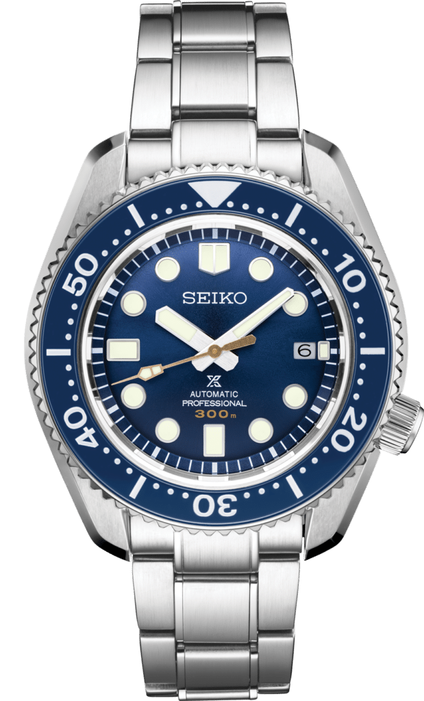 Seiko dive watch featuring a blue dial, stainless steel case, and luminous hands for visibility.