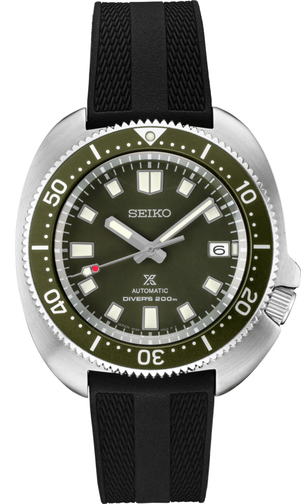 Seiko divers watch with stainless steel case, green bezel, and rubber strap for ocean adventures.