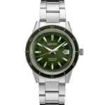 Elegant Seiko Presage automatic watch with a striking green dial and stainless steel bracelet.