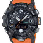 Durable Casio G-Shock watch with multifunctional features, orange accents, and rugged design for outdoor adventures.