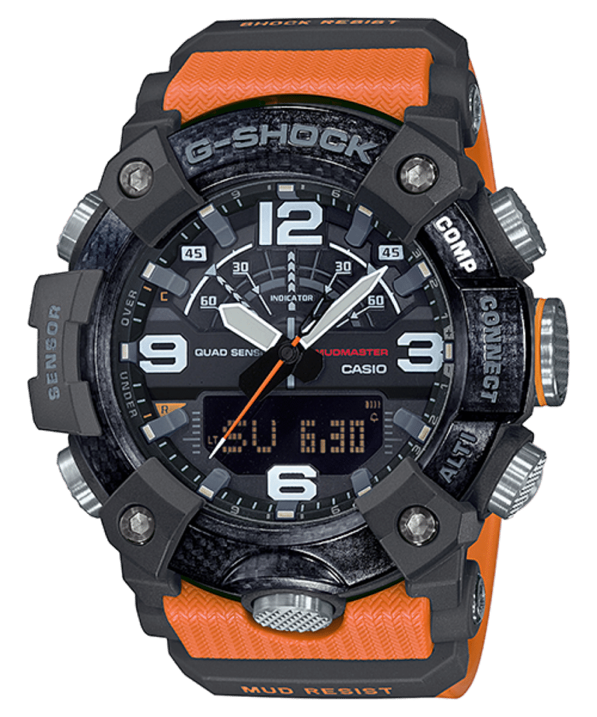 Durable Casio G-Shock watch with multifunctional features, orange accents, and rugged design for outdoor adventures.